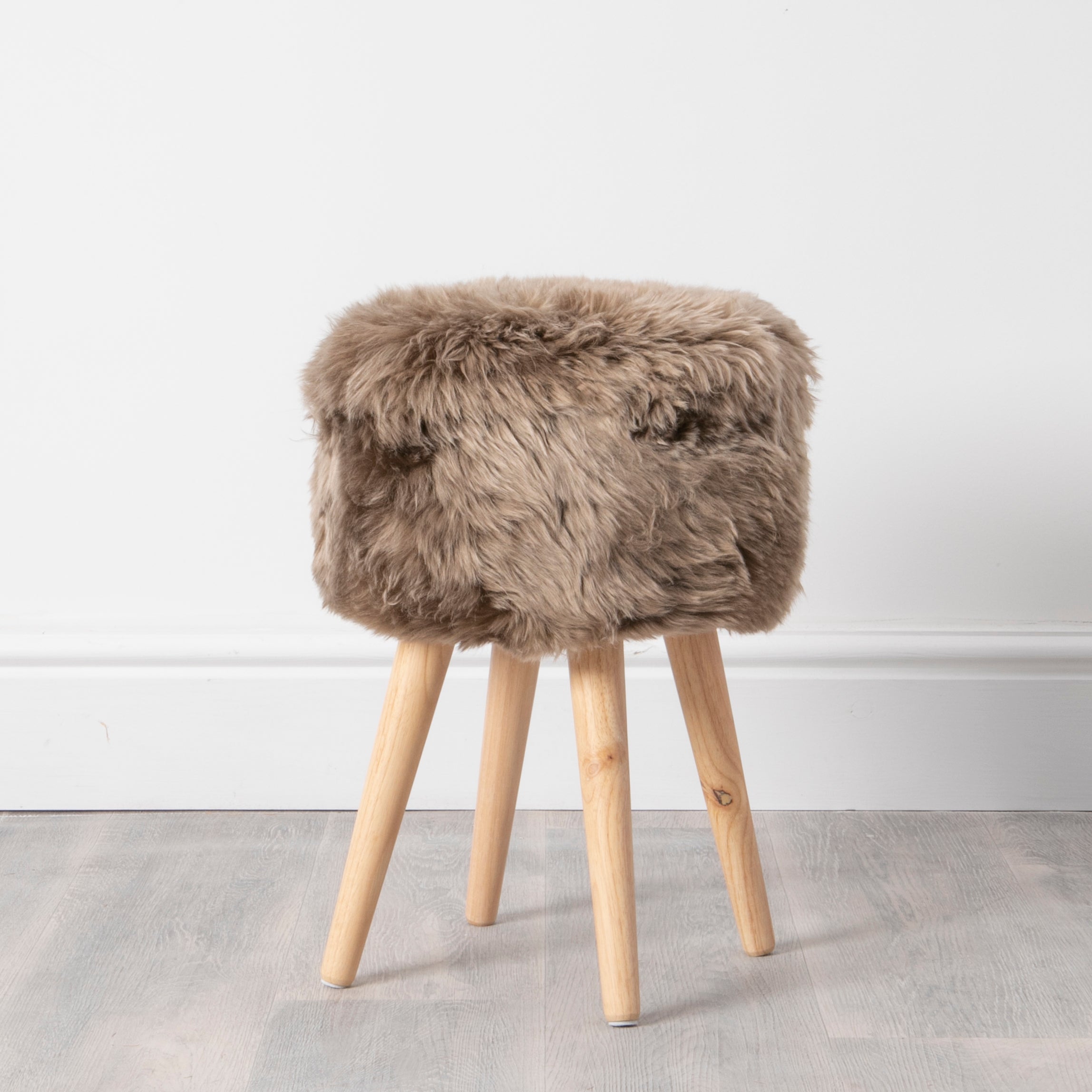 Light Brown Sheepskin Wood Stool - Light Wood